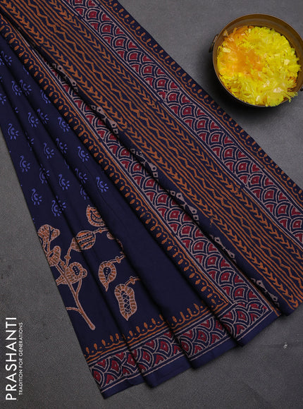 Cotton block printed saree navy blue with allover butta prints and printed border