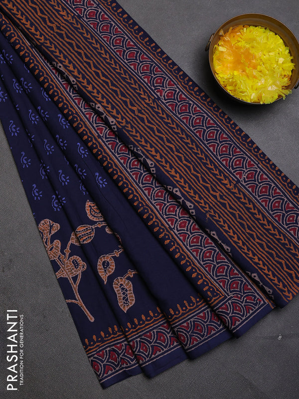 Cotton block printed saree navy blue with allover butta prints and printed border
