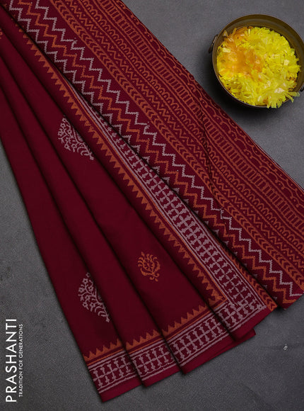 Cotton block printed saree maroon with butta prints and printed border