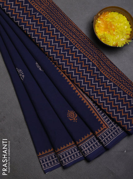Cotton block printed saree navy blue with butta prints and printed border