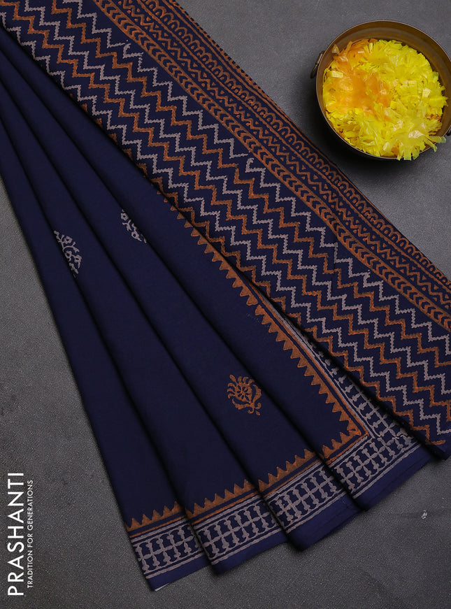 Cotton block printed saree navy blue with butta prints and printed border