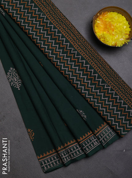 Cotton block printed saree bottle green with butta prints and printed border