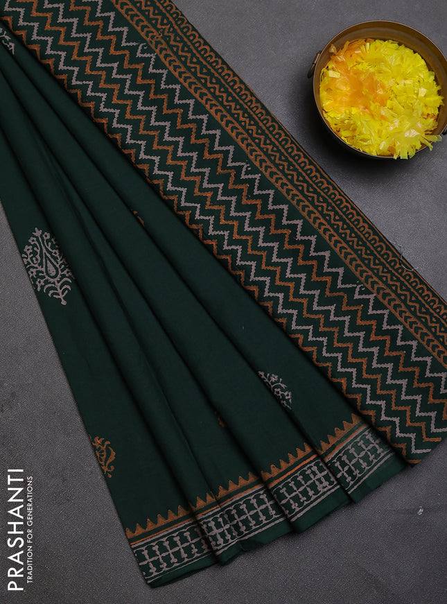 Cotton block printed saree bottle green with butta prints and printed border