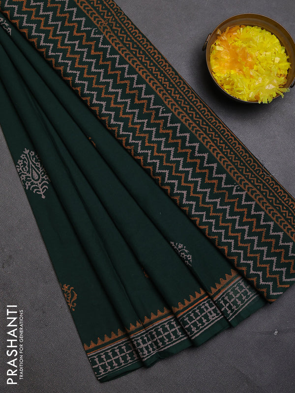 Cotton block printed saree bottle green with butta prints and printed border