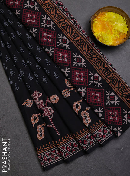 Cotton block printed saree black with allover butta prints and printed border