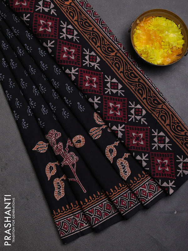 Cotton block printed saree black with allover butta prints and printed border