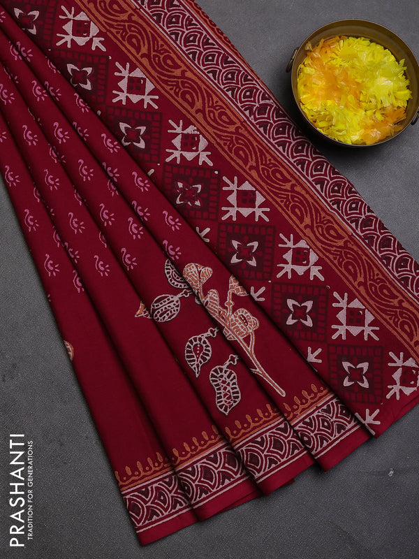 Cotton block printed saree maroon with allover butta prints and printed border