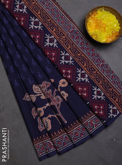 Cotton block printed saree navy blue with allover butta prints and printed border