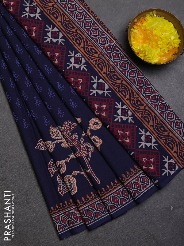 Cotton block printed saree navy blue with allover butta prints and printed border