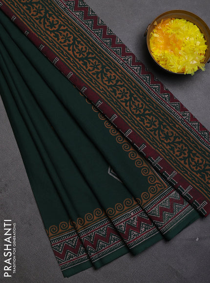 Cotton block printed saree bottle green with butta prints and printed border