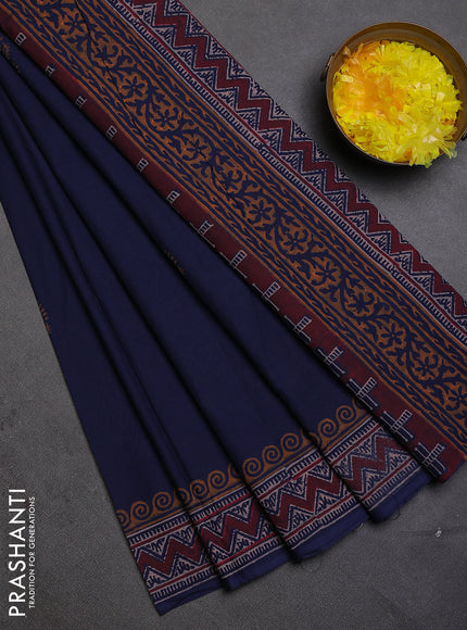 Cotton block printed saree navy blue with butta prints and printed border