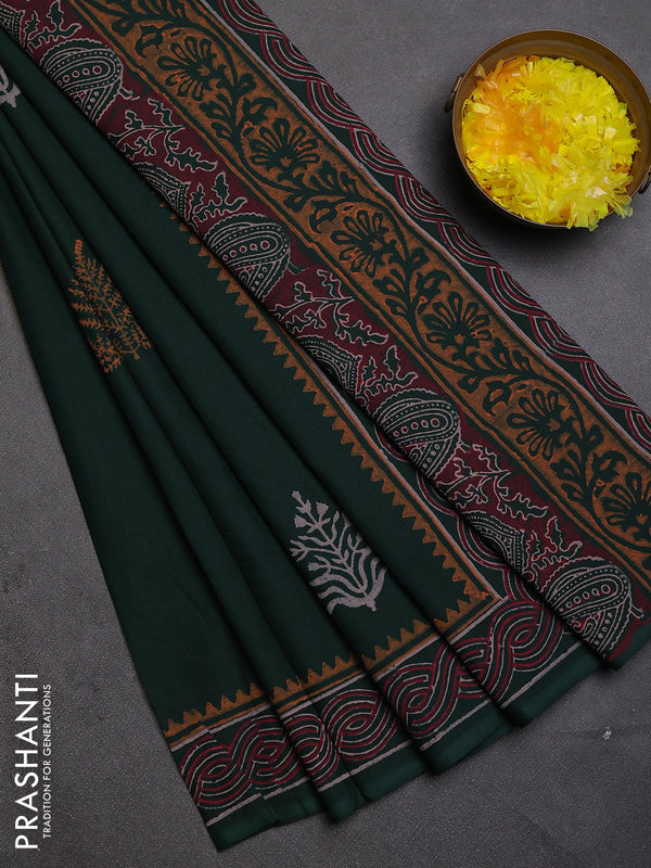 Cotton block printed saree bottle green with butta prints and printed border