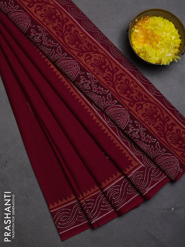 Cotton block printed saree maroon with butta prints and printed border