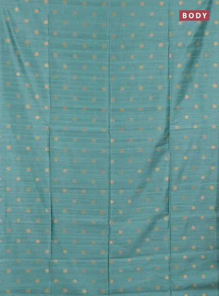 Art dupion saree teal green and beige with allover zari woven buttas and printed pallu