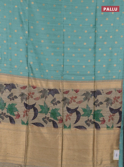 Art dupion saree teal green and beige with allover zari woven buttas and printed pallu