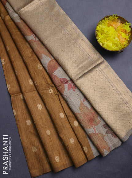 Art dupion saree dark mustard and beige with allover zari woven buttas and printed pallu