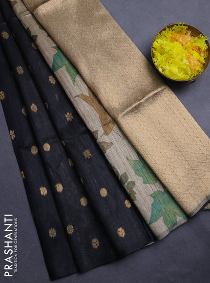 Art dupion saree black and beige with allover zari woven buttas and printed pallu