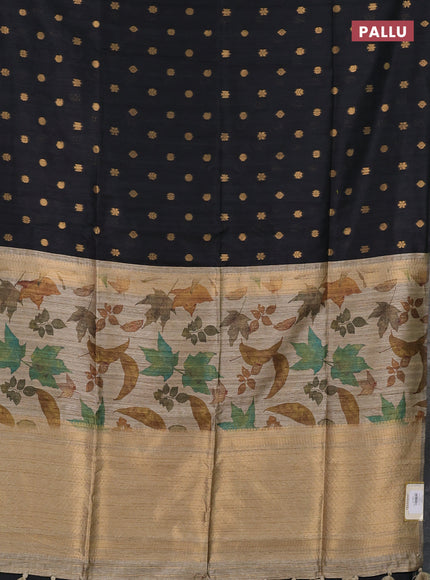 Art dupion saree black and beige with allover zari woven buttas and printed pallu