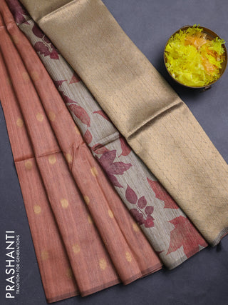 Art dupion saree orange shade and beige with allover zari woven buttas and printed pallu