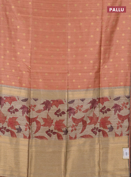 Art dupion saree orange shade and beige with allover zari woven buttas and printed pallu