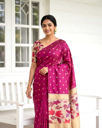 Art dupion saree dark magenta and beige with allover zari woven buttas and printed pallu