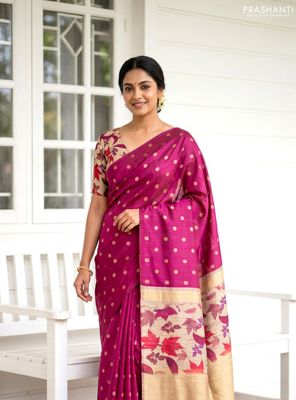 Art dupion saree dark magenta and beige with allover zari woven buttas and printed pallu
