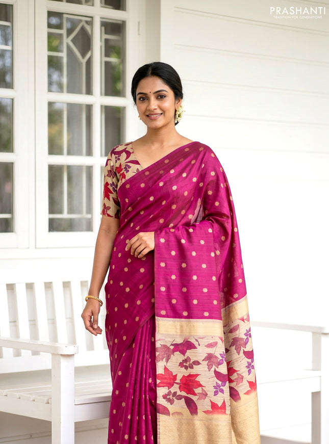 Art dupion saree dark magenta and beige with allover zari woven buttas and printed pallu