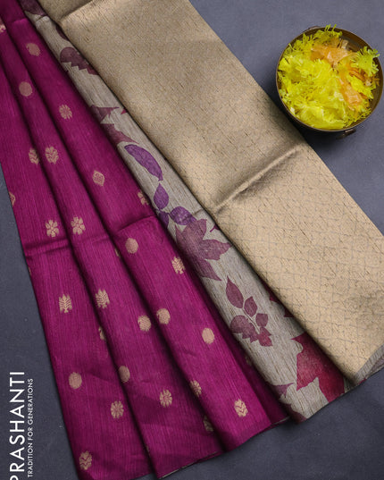 Art dupion saree dark magenta and beige with allover zari woven buttas and printed pallu