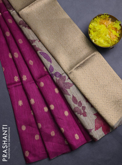 Art dupion saree dark magenta and beige with allover zari woven buttas and printed pallu