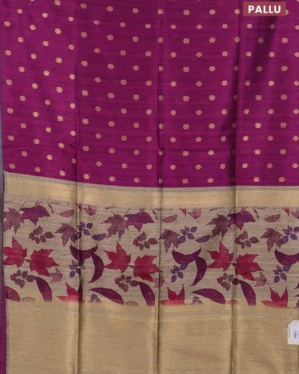Art dupion saree dark magenta and beige with allover zari woven buttas and printed pallu