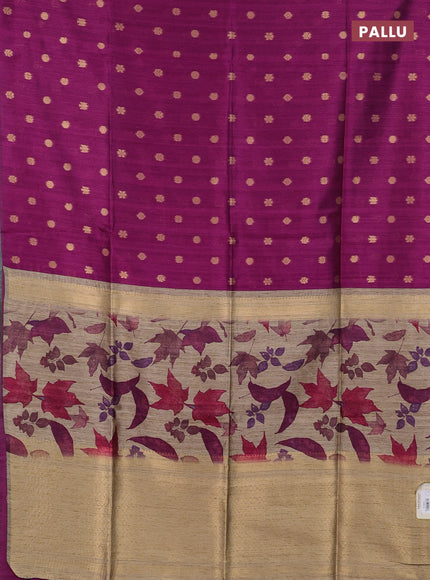 Art dupion saree dark magenta and beige with allover zari woven buttas and printed pallu