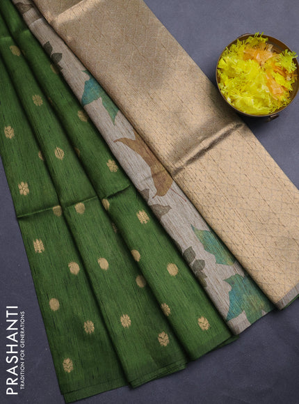 Art dupion saree mehendi green and beige with allover zari woven buttas and printed pallu