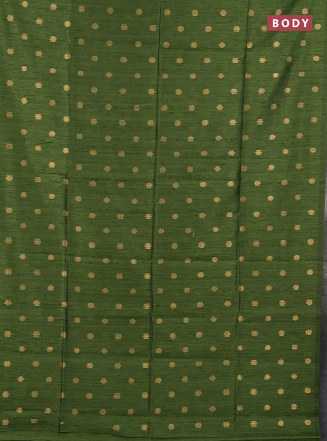 Art dupion saree mehendi green and beige with allover zari woven buttas and printed pallu