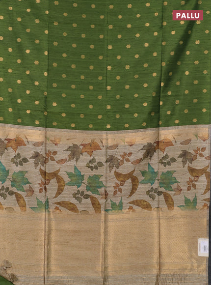 Art dupion saree mehendi green and beige with allover zari woven buttas and printed pallu