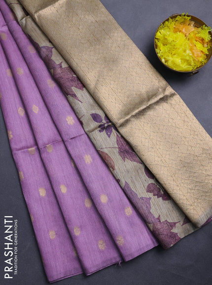 Art dupion saree lavender and beige with allover zari woven buttas and printed pallu