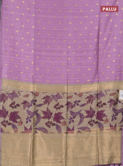 Art dupion saree lavender and beige with allover zari woven buttas and printed pallu