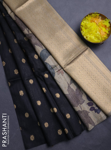Art dupion saree black and beige with allover zari woven buttas and printed pallu