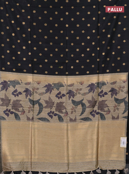 Art dupion saree black and beige with allover zari woven buttas and printed pallu