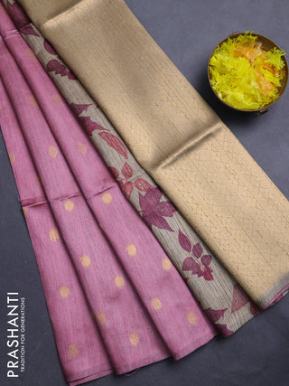Art dupion saree light pink and beige with allover zari woven buttas and printed pallu