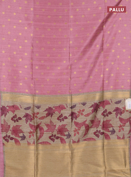 Art dupion saree light pink and beige with allover zari woven buttas and printed pallu