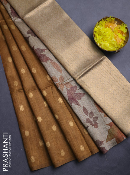 Art dupion saree dark mustard and beige with allover zari woven buttas and printed pallu