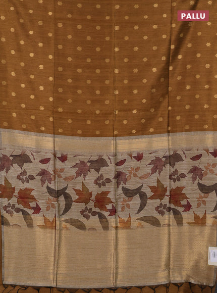 Art dupion saree dark mustard and beige with allover zari woven buttas and printed pallu