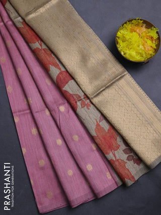 Art dupion saree light pink and beige with allover zari woven buttas and printed pallu