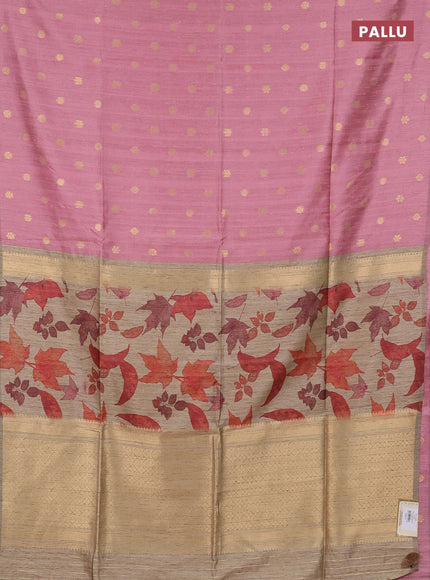 Art dupion saree light pink and beige with allover zari woven buttas and printed pallu