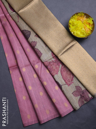 Art dupion saree light pink and beige with allover zari woven buttas and printed pallu