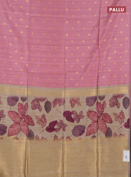 Art dupion saree light pink and beige with allover zari woven buttas and printed pallu