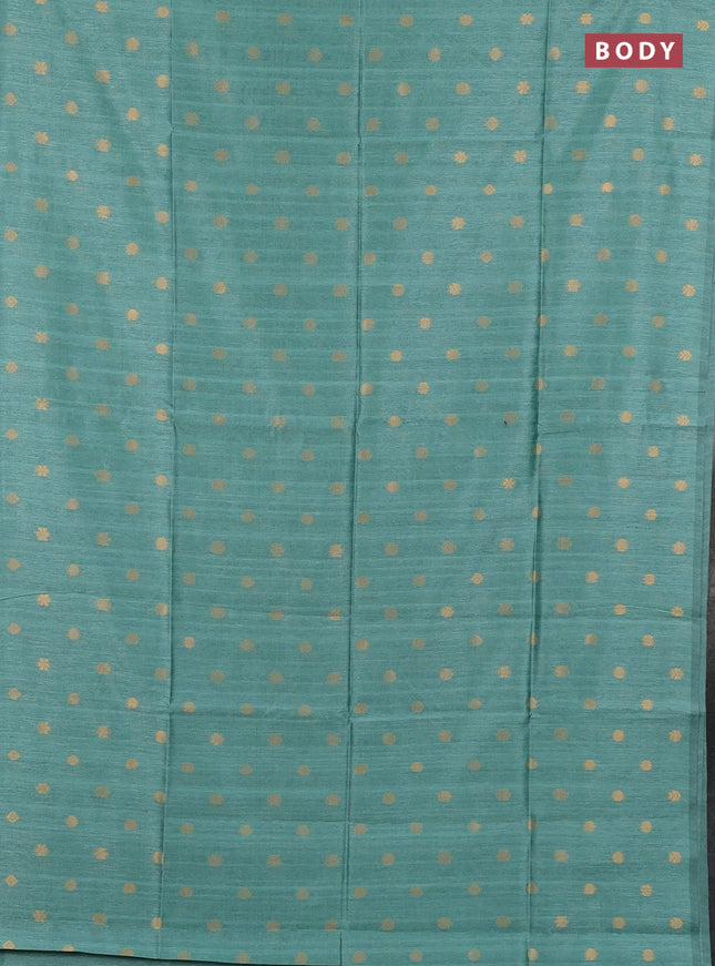 Art dupion saree teal green and beige with allover zari woven buttas and printed pallu