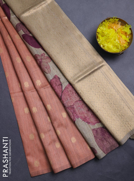 Art dupion saree orange shade and beige with allover zari woven buttas and printed pallu