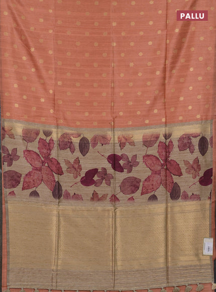 Art dupion saree orange shade and beige with allover zari woven buttas and printed pallu