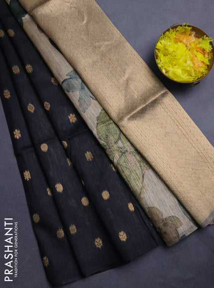 Art dupion saree black and beige with allover zari woven buttas and printed pallu